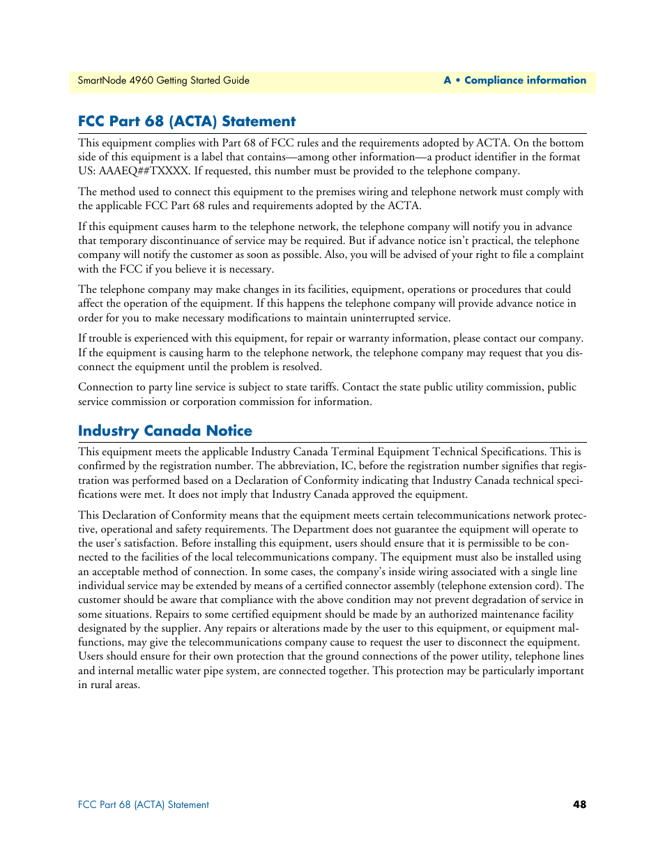 Fcc part 68 (acta) statement, Industry canada notice | Patton electronic Patton SmartNode 4960 Series User Manual | Page 47 / 68