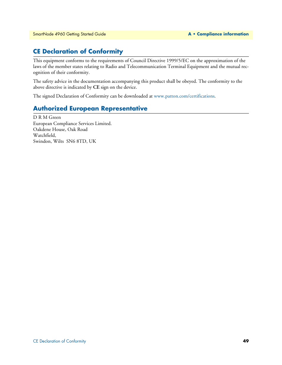 Ce declaration of conformity, Authorized european representative | Patton electronic Patton SmartNode 4960 Series User Manual | Page 48 / 68