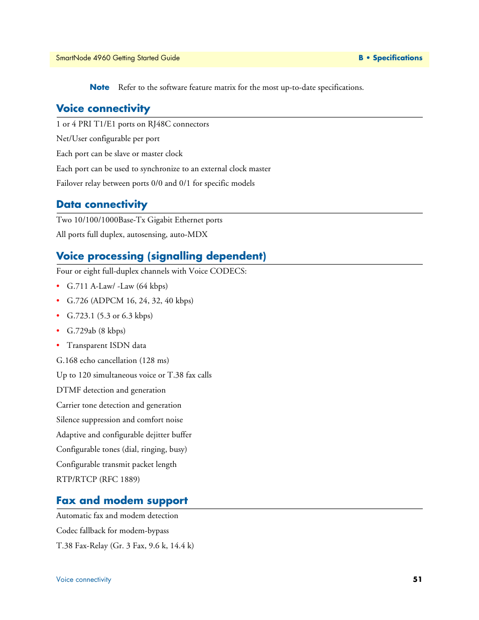 Voice connectivity, Data connectivity, Voice processing (signalling dependent) | Fax and modem support | Patton electronic Patton SmartNode 4960 Series User Manual | Page 50 / 68
