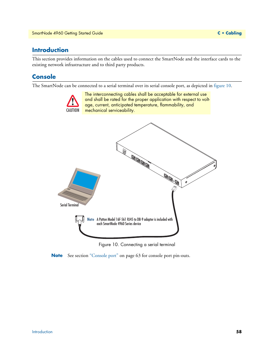 Introduction, Console, Connecting a serial terminal | Patton electronic Patton SmartNode 4960 Series User Manual | Page 57 / 68