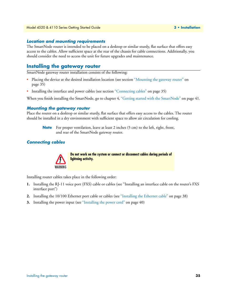 Location and mounting requirements, Installing the gateway router, Mounting the gateway router | Connecting cables | Patton electronic 4110 User Manual | Page 35 / 66