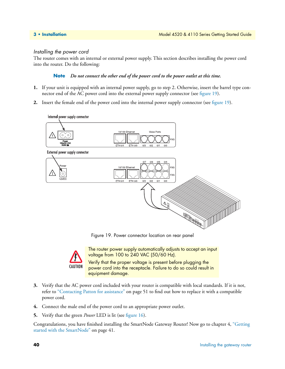 Installing the power cord | Patton electronic 4110 User Manual | Page 40 / 66