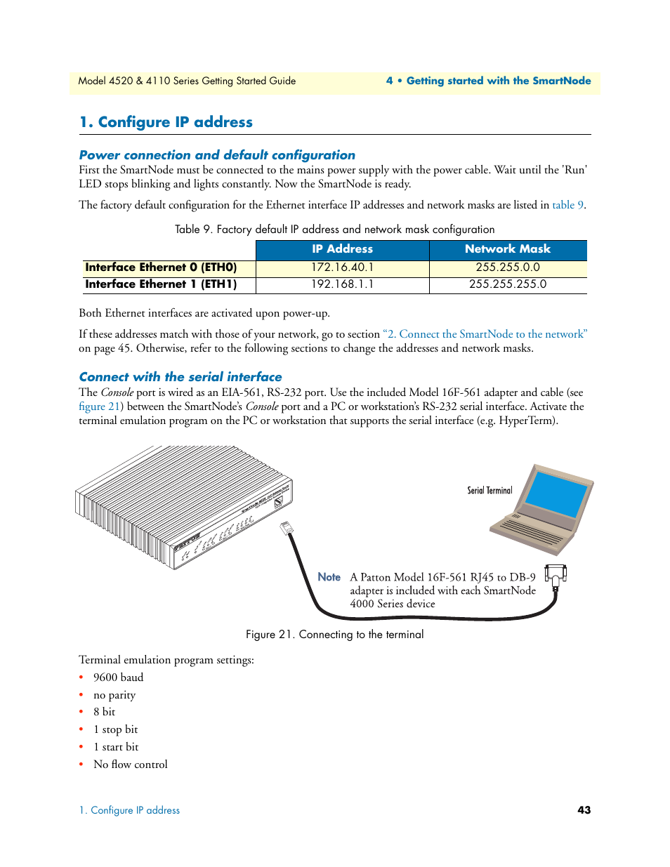Configure ip address, Power connection and default configuration, Connect with the serial interface | Patton electronic 4110 User Manual | Page 43 / 66