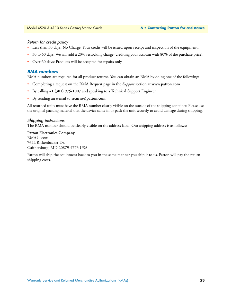 Return for credit policy, Rma numbers, Shipping instructions | Patton electronic 4110 User Manual | Page 53 / 66