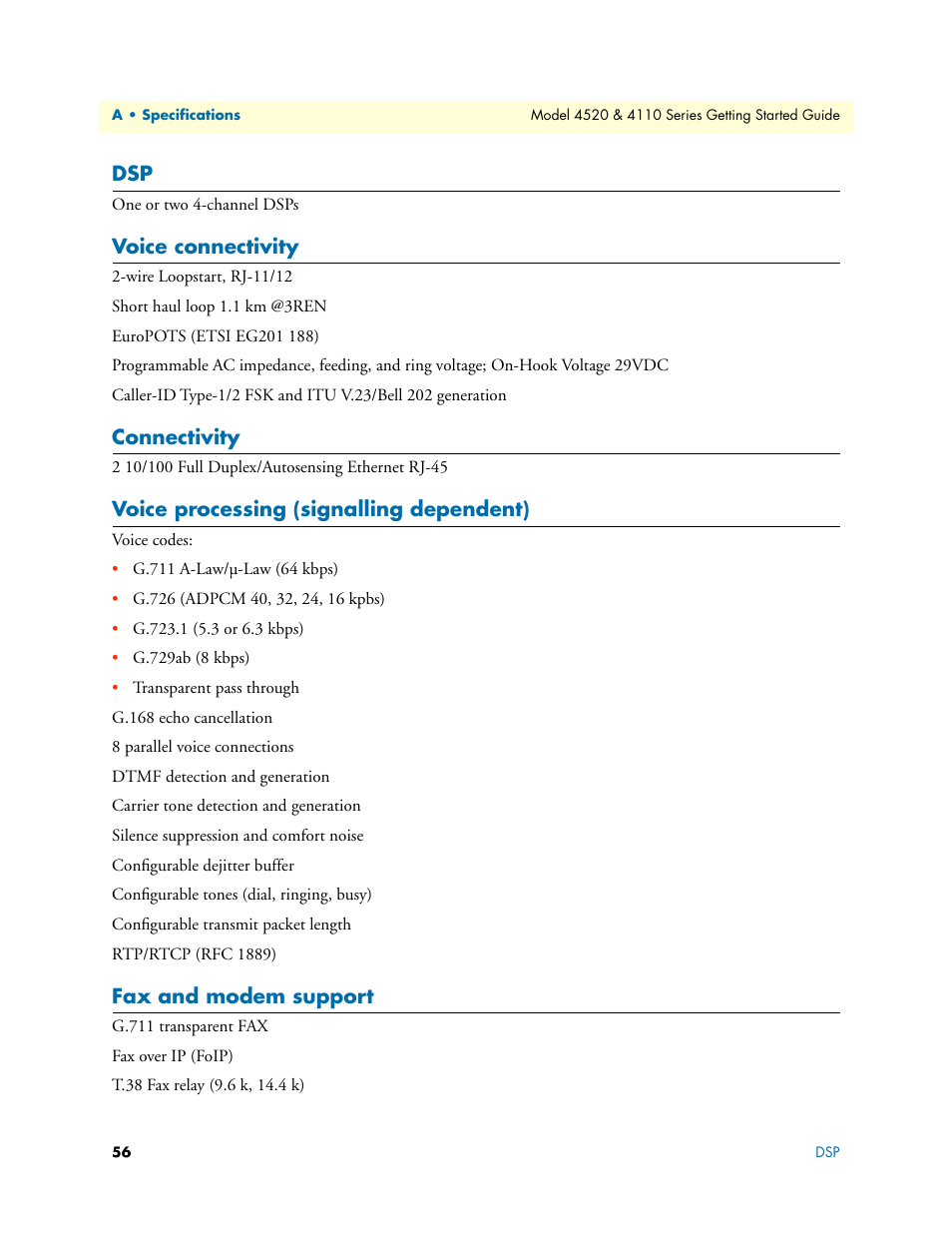 Voice connectivity, Connectivity, Voice processing (signalling dependent) | Fax and modem support | Patton electronic 4110 User Manual | Page 56 / 66