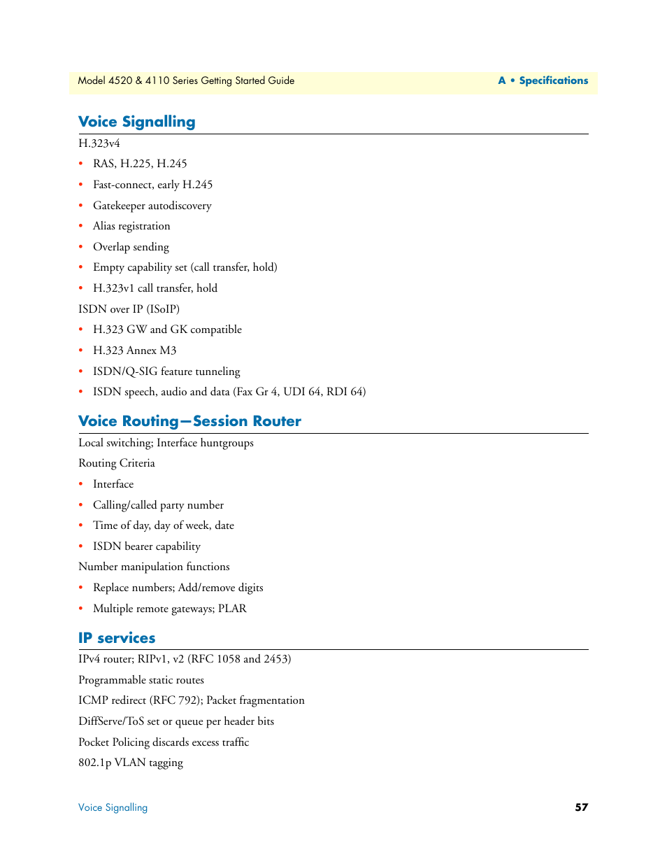 Voice signalling, Voice routing—session router, Ip services | Patton electronic 4110 User Manual | Page 57 / 66