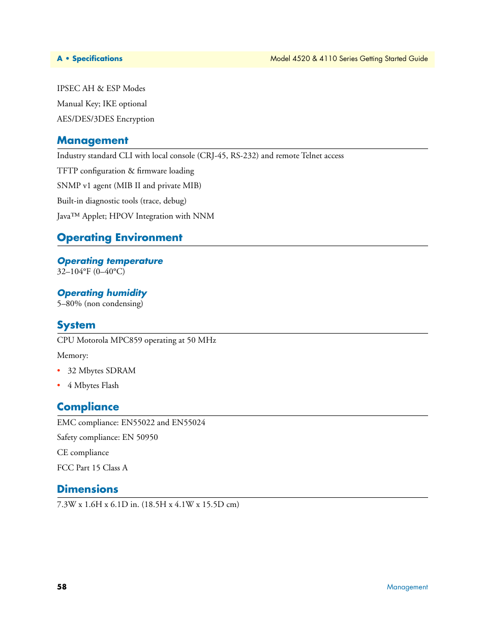 Management, Operating environment, Operating temperature | Operating humidity, System, Compliance, Dimensions | Patton electronic 4110 User Manual | Page 58 / 66