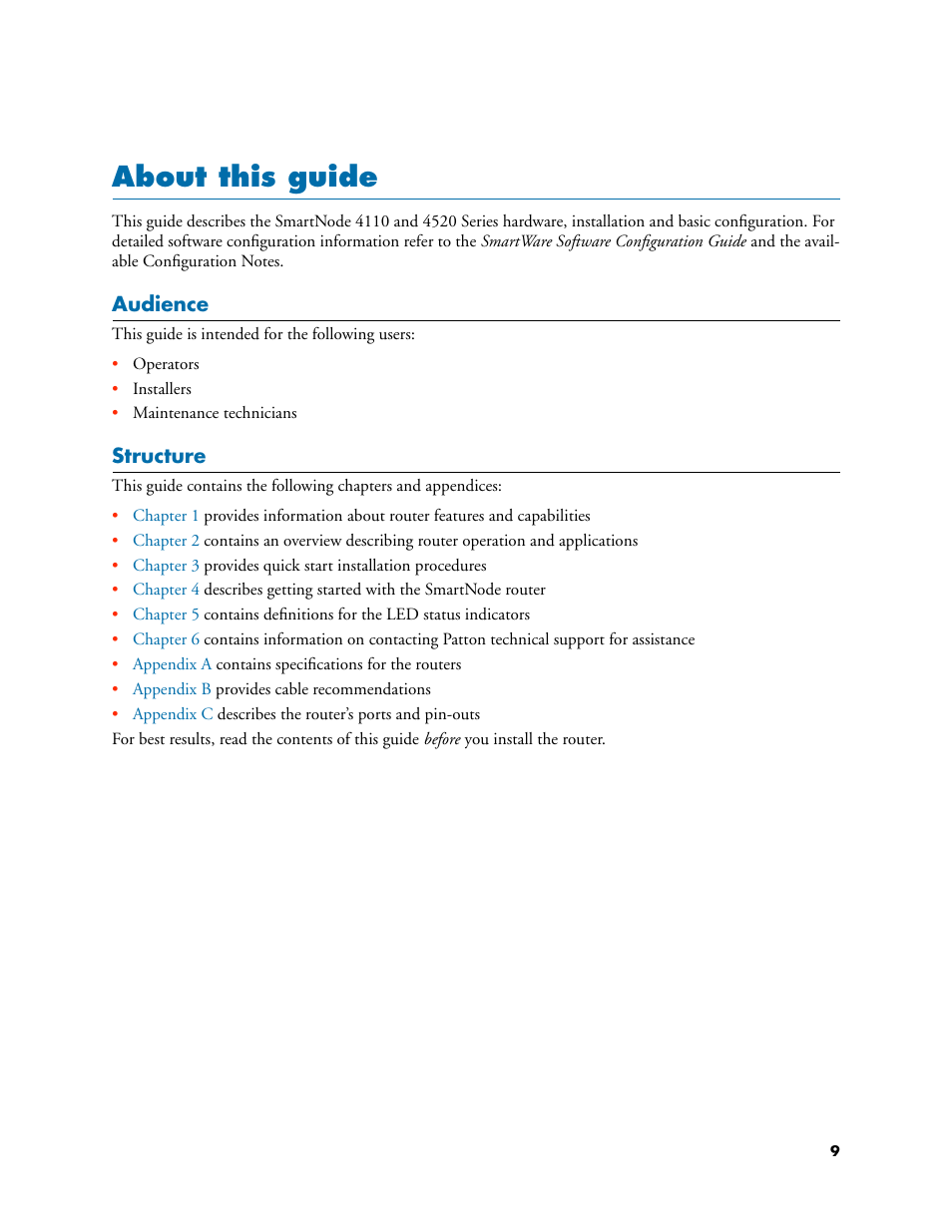 About this guide, Audience, Structure | Patton electronic 4110 User Manual | Page 9 / 66