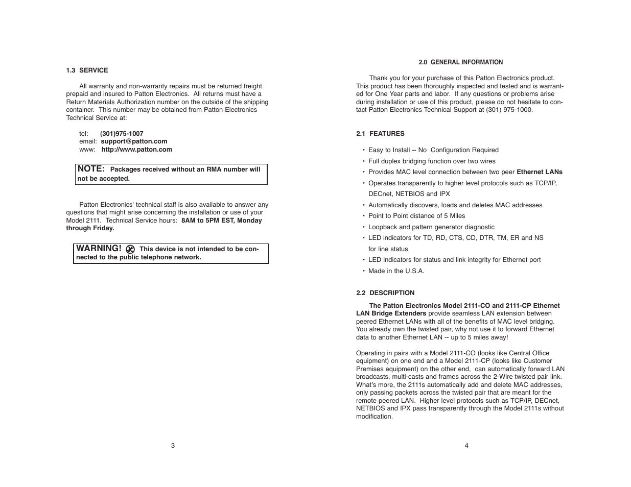 Warning | Patton electronic 2111 User Manual | Page 5 / 20