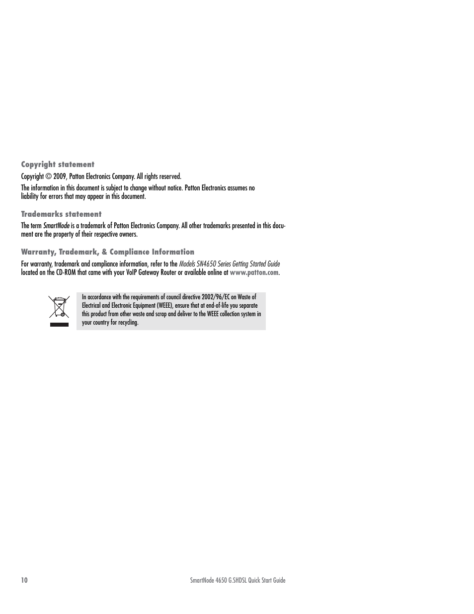 Copyright statement, Trademarks statement, Warranty, trademark, & compliance information | Patton electronic SmartNode 4650 User Manual | Page 10 / 12