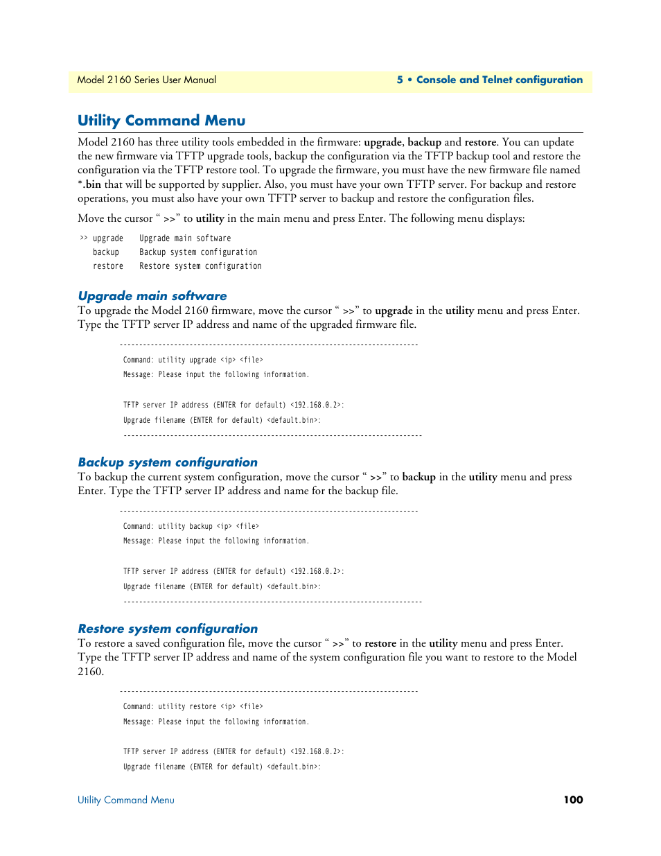 Utility command menu, Upgrade main software, Backup system configuration | Restore system configuration | Patton electronic COPPERLINK 2160 User Manual | Page 100 / 113