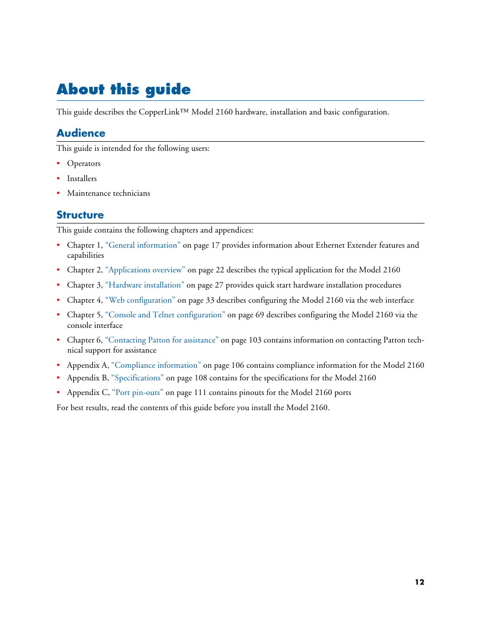 About this guide, Audience, Structure | Patton electronic COPPERLINK 2160 User Manual | Page 12 / 113