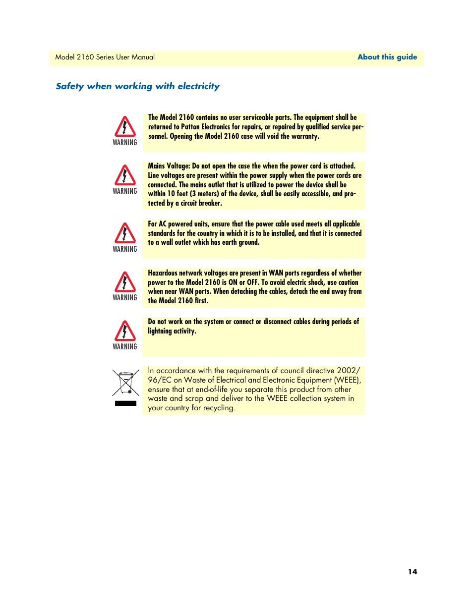 Safety when working with electricity | Patton electronic COPPERLINK 2160 User Manual | Page 14 / 113