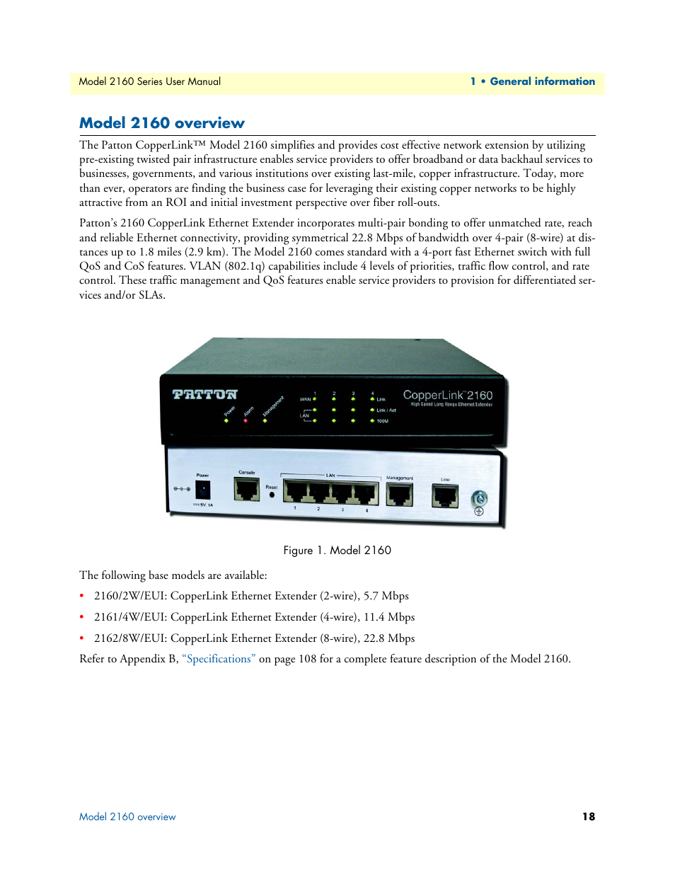 Model 2160 overview, Model 2160 | Patton electronic COPPERLINK 2160 User Manual | Page 18 / 113