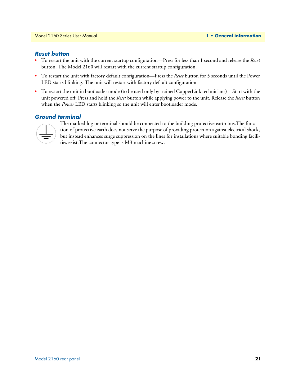 Reset button, Ground terminal | Patton electronic COPPERLINK 2160 User Manual | Page 21 / 113