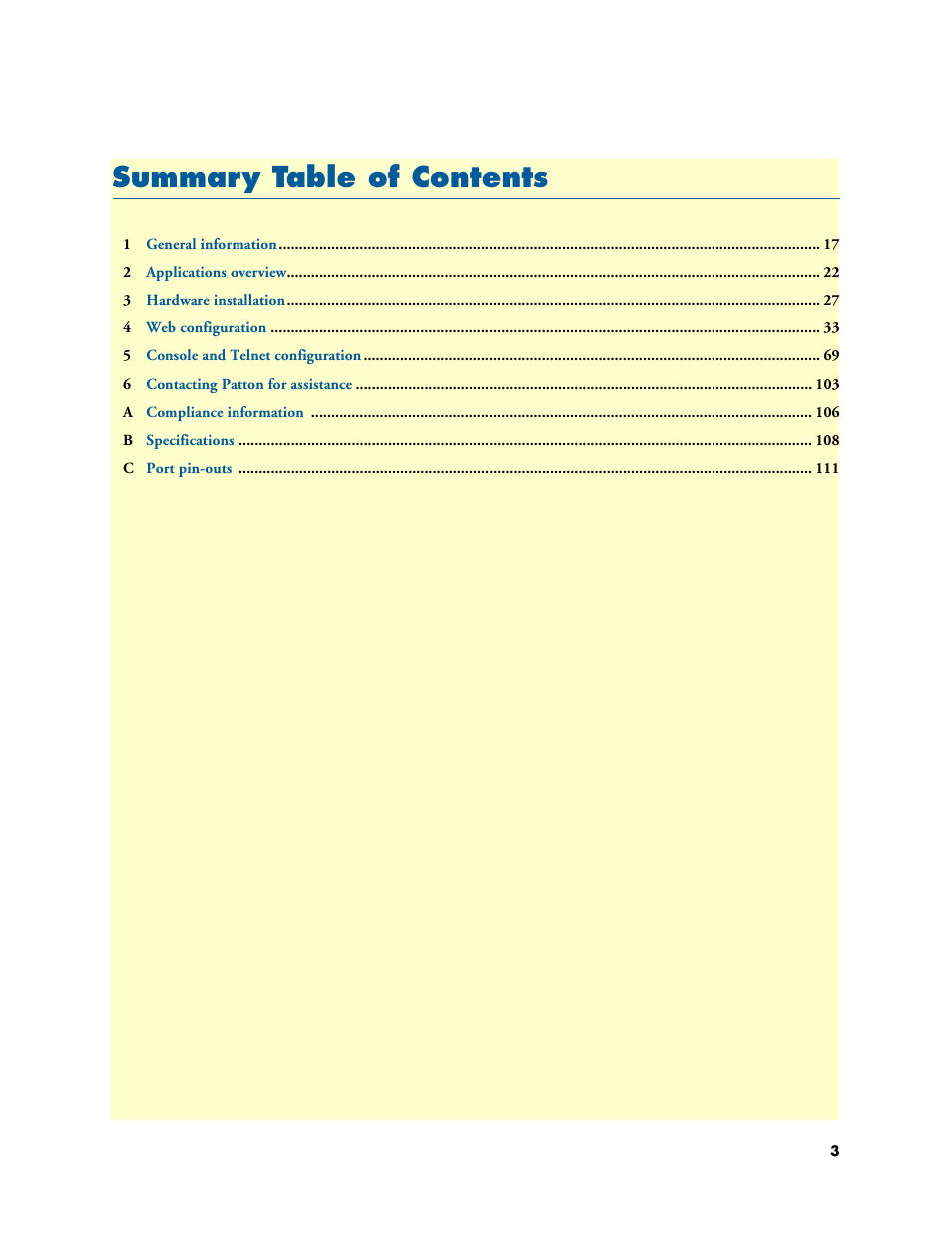 Summary table of contents, Summar y table of contents | Patton electronic COPPERLINK 2160 User Manual | Page 3 / 113