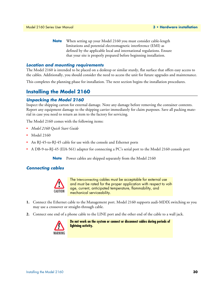 Location and mounting requirements, Installing the model 2160, Unpacking the model 2160 | Connecting cables | Patton electronic COPPERLINK 2160 User Manual | Page 30 / 113