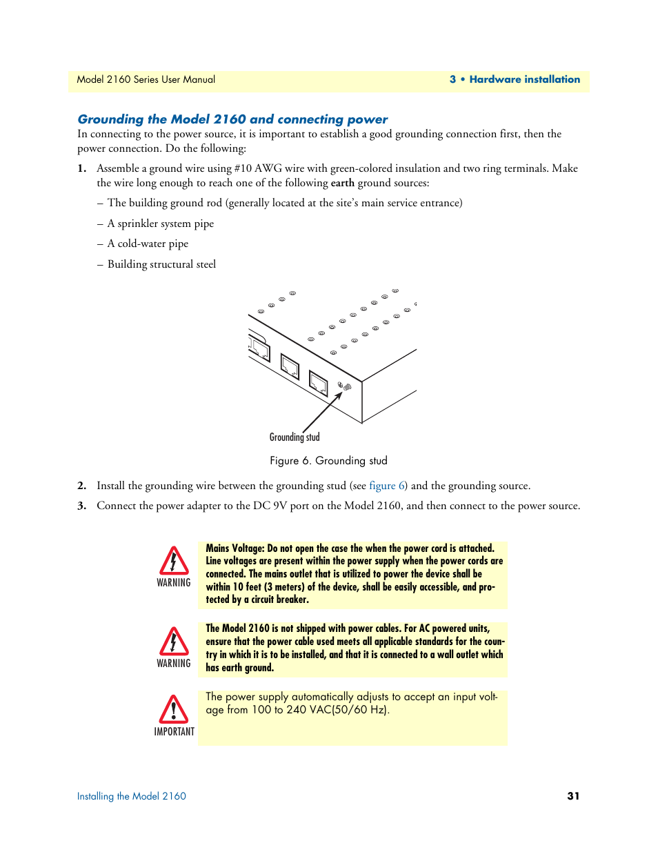 Grounding the model 2160 and connecting power, Grounding stud | Patton electronic COPPERLINK 2160 User Manual | Page 31 / 113