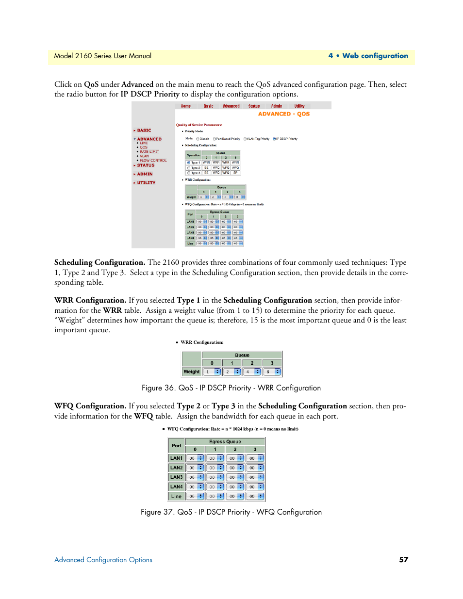 Scheduling configuration, Wrr configuration, Wfq configuration | Qos - ip dscp priority - wrr configuration, Qos - ip dscp priority - wfq configuration | Patton electronic COPPERLINK 2160 User Manual | Page 57 / 113