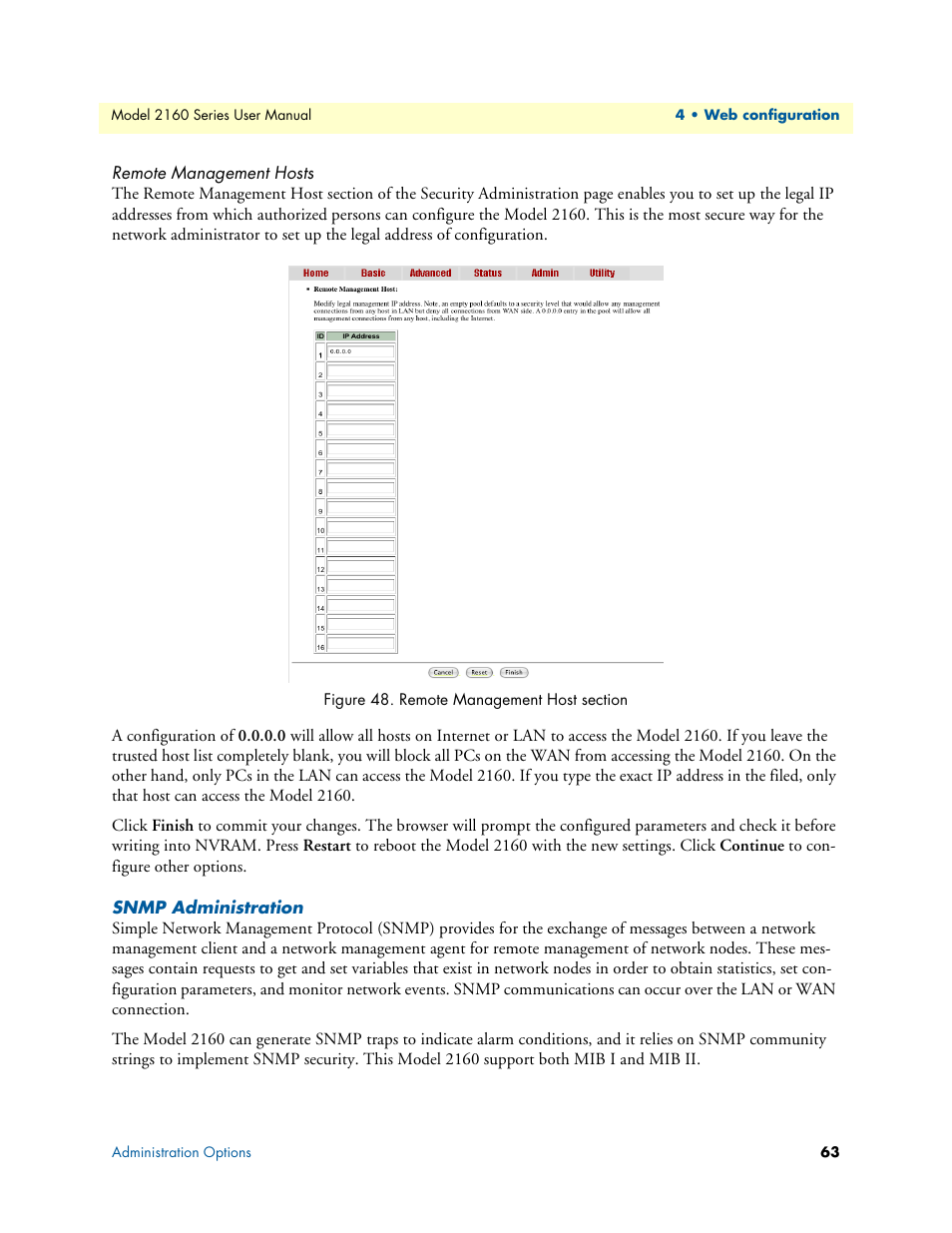 Remote management hosts, Snmp administration, Remote management host section | Patton electronic COPPERLINK 2160 User Manual | Page 63 / 113