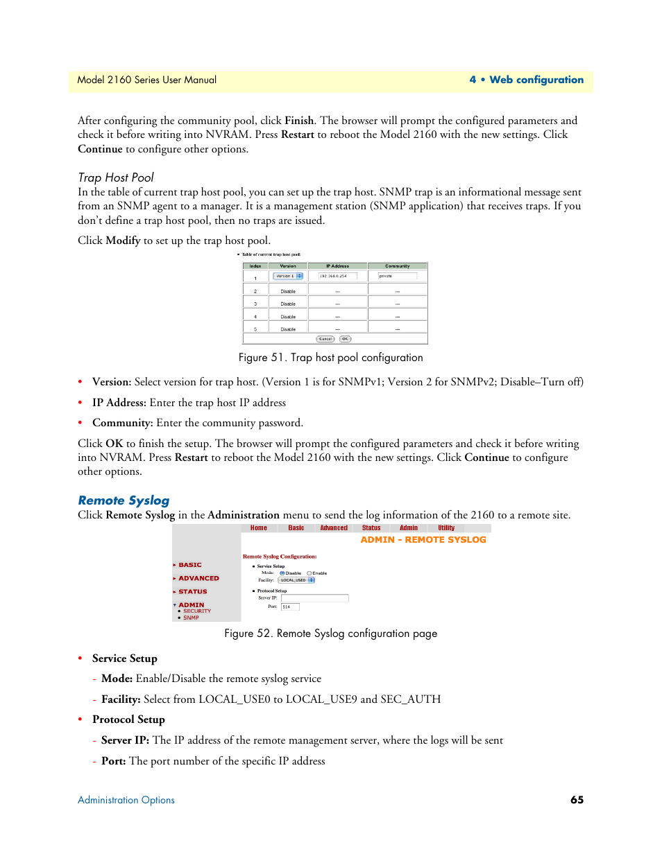 Trap host pool, Remote syslog, Trap host pool configuration | Patton electronic COPPERLINK 2160 User Manual | Page 65 / 113