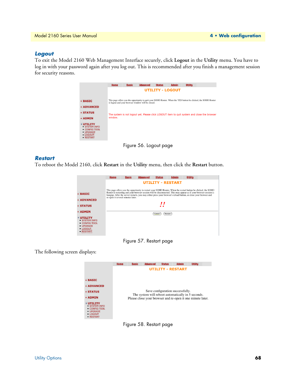 Logout, Restart | Patton electronic COPPERLINK 2160 User Manual | Page 68 / 113