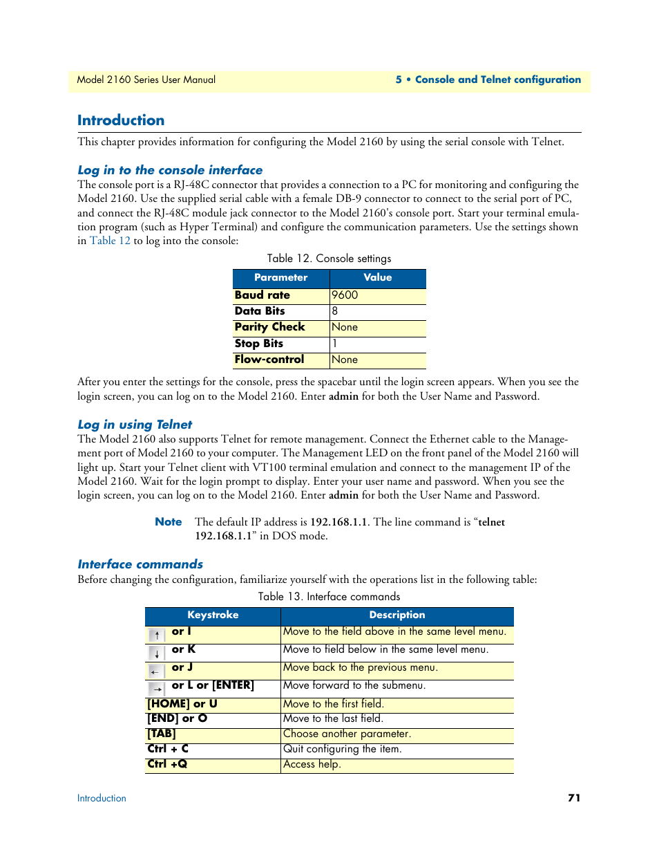 Introduction, Log in to the console interface, Log in using telnet | Interface commands, Console settings | Patton electronic COPPERLINK 2160 User Manual | Page 71 / 113