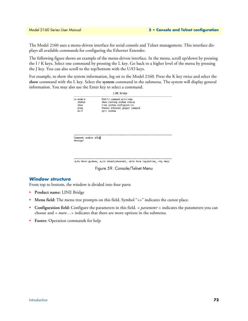 Window structure, Console/telnet menu | Patton electronic COPPERLINK 2160 User Manual | Page 72 / 113