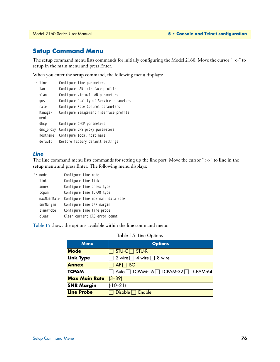 Setup command menu, Line, Line options | Patton electronic COPPERLINK 2160 User Manual | Page 76 / 113