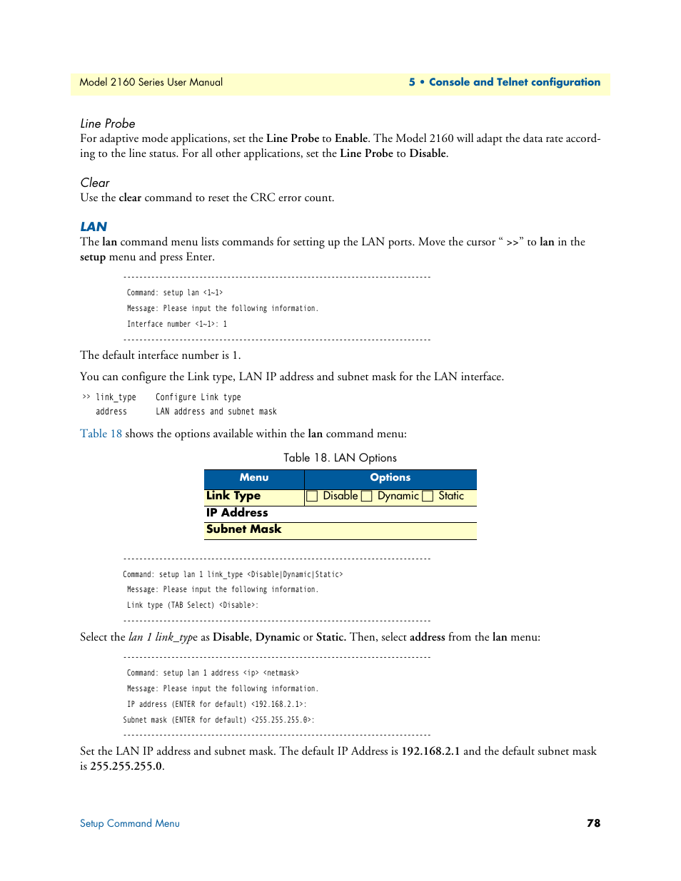 Line probe, Clear, Lan options | Patton electronic COPPERLINK 2160 User Manual | Page 78 / 113