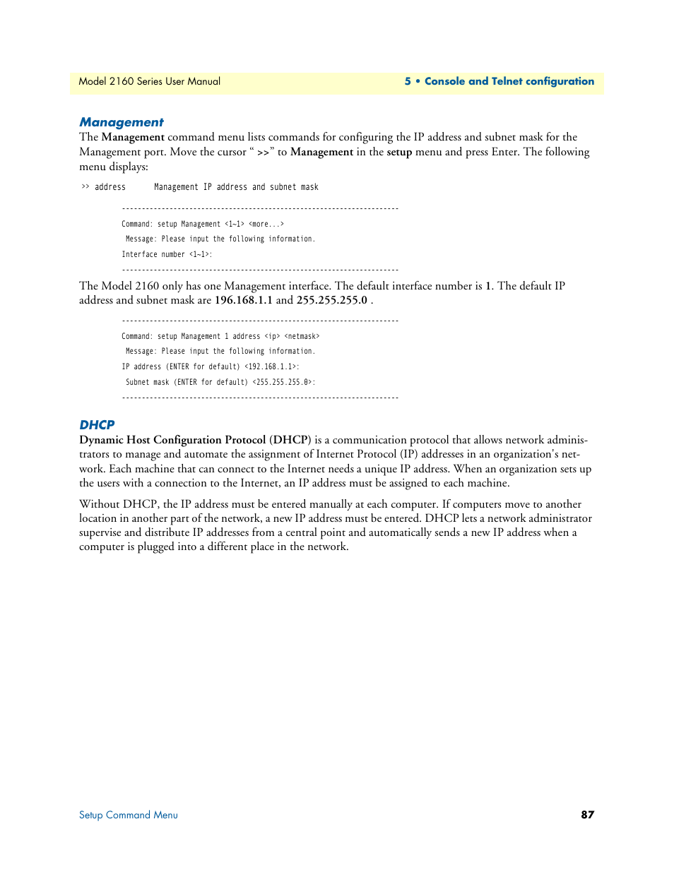 Management, Dhcp | Patton electronic COPPERLINK 2160 User Manual | Page 87 / 113