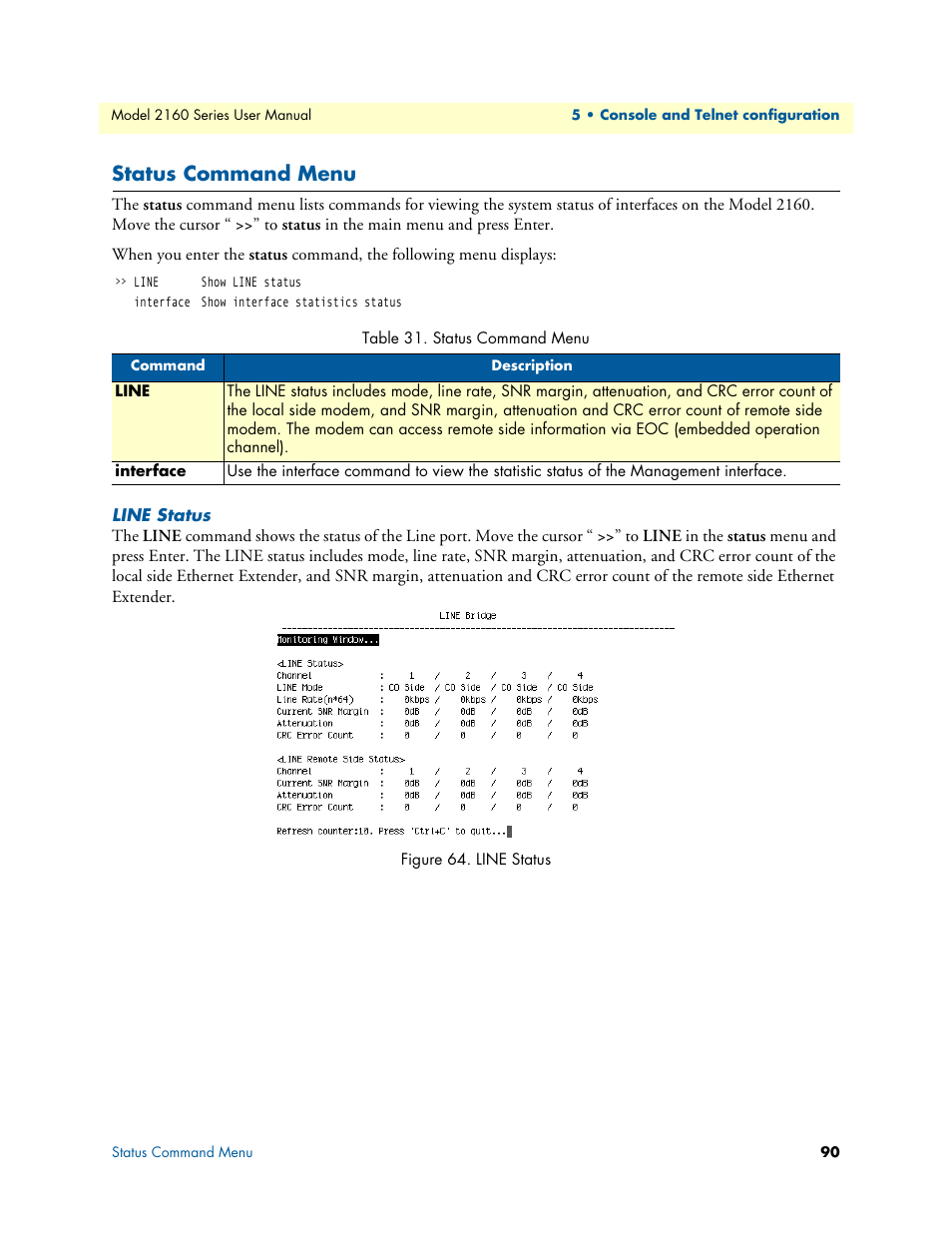 Status command menu, Line status | Patton electronic COPPERLINK 2160 User Manual | Page 90 / 113