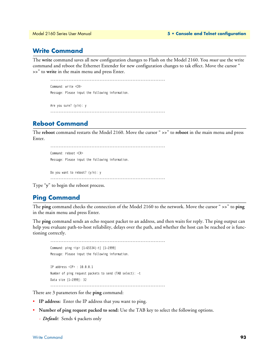 Write command, Reboot command, Ping command | Patton electronic COPPERLINK 2160 User Manual | Page 93 / 113