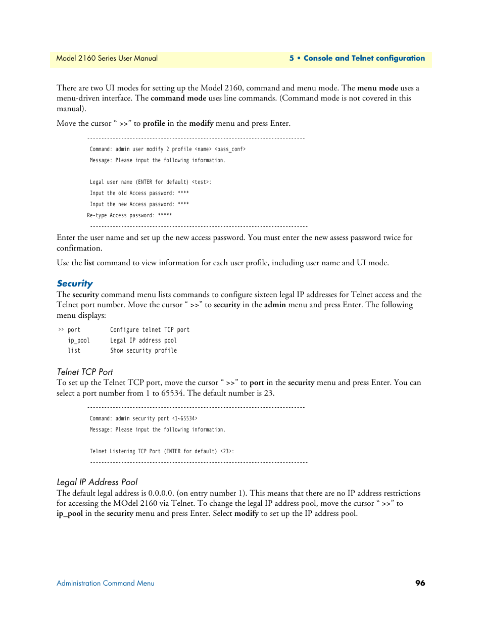 Security, Telnet tcp port, Legal ip address pool | Patton electronic COPPERLINK 2160 User Manual | Page 96 / 113