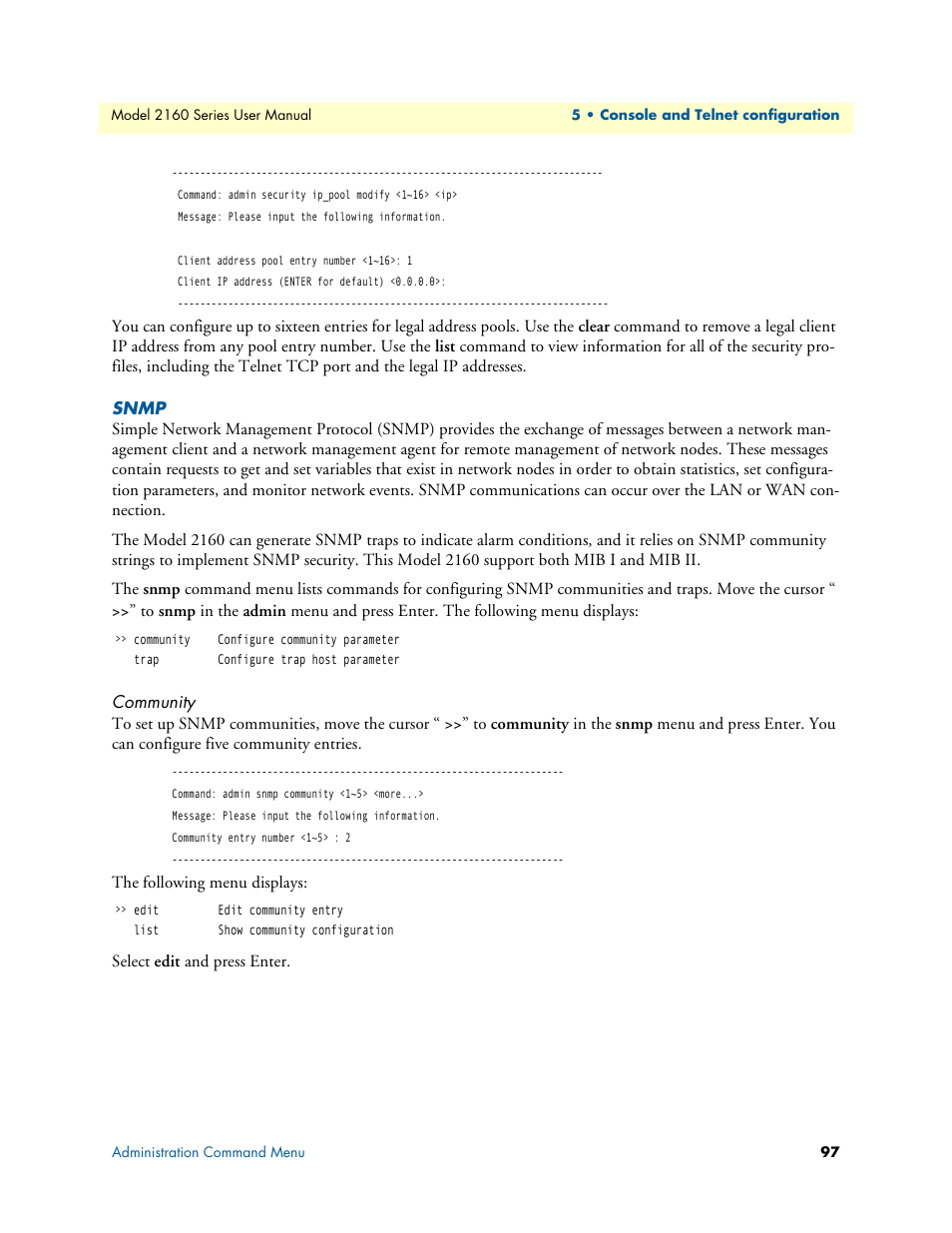 Snmp, Community | Patton electronic COPPERLINK 2160 User Manual | Page 97 / 113