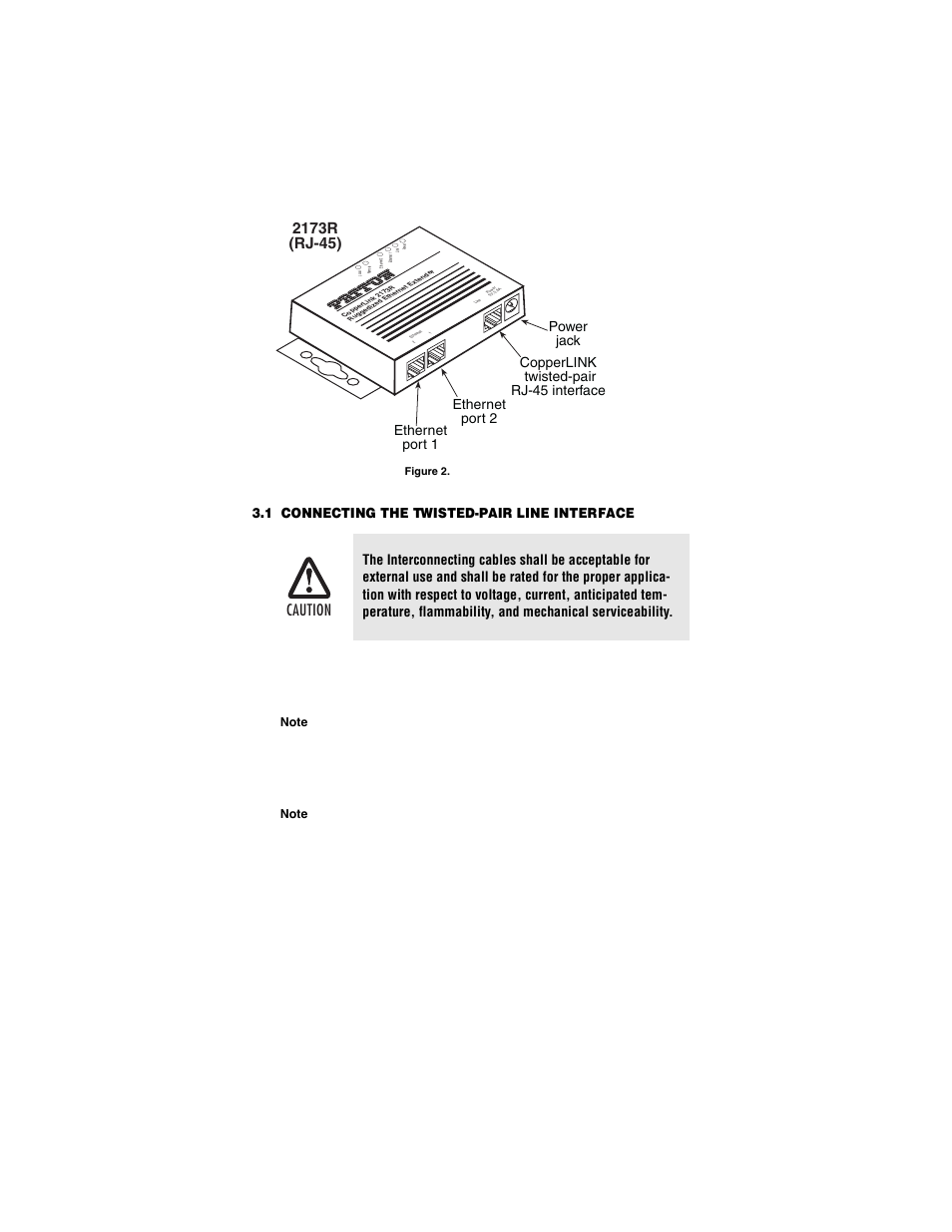 1 connecting the twisted-pair line interface, Connecting the twisted-pair line interface, To section 3.1 | Caution, Power jack ethernet port 1 ethernet port 2 | Patton electronic 2173R User Manual | Page 10 / 20