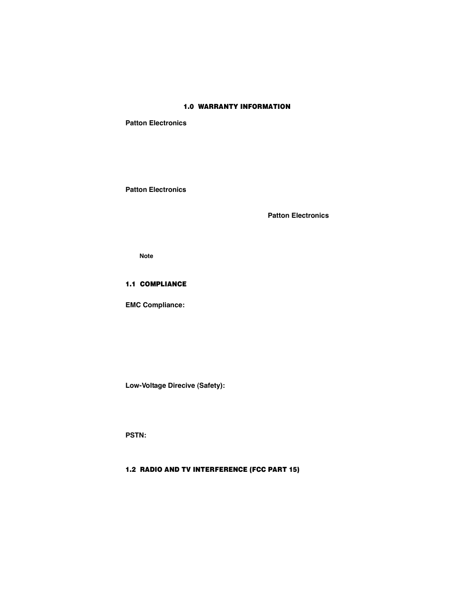 0 warranty information, 1 compliance, Emc compliance | Low-voltage direcive (safety), Pstn, 2 radio and tv interference (fcc part 15), Warranty information, Compliance, Radio and tv interference (fcc part 15) | Patton electronic 2173R User Manual | Page 4 / 20