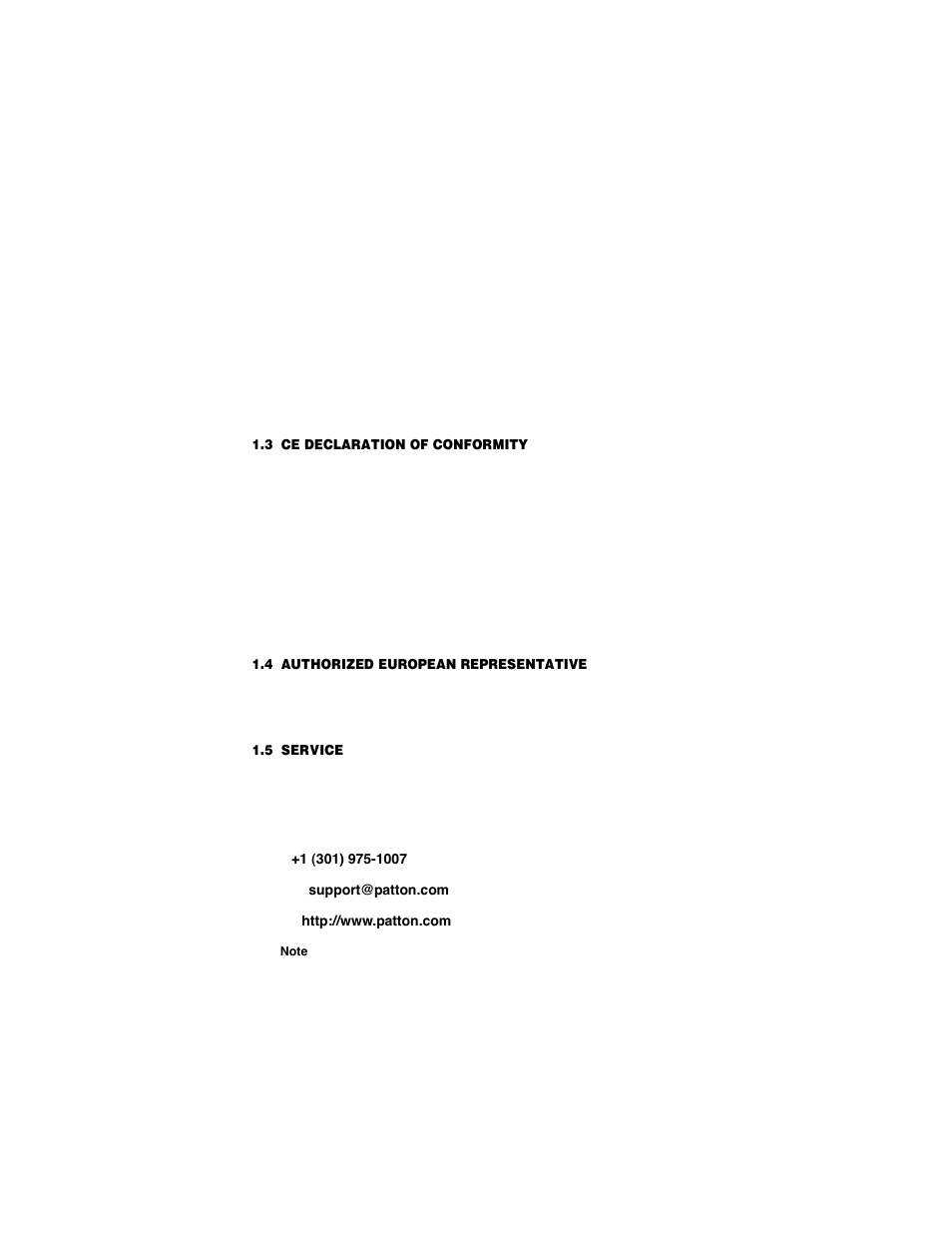3 ce declaration of conformity, 4 authorized european representative, 5 service | Ce declaration of conformity, Authorized european representative, Service | Patton electronic 2173R User Manual | Page 5 / 20