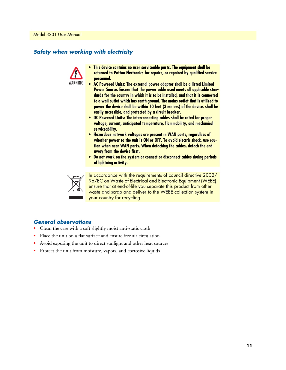 Safety when working with electricity, General observations | Patton electronic 3231 User Manual | Page 11 / 58