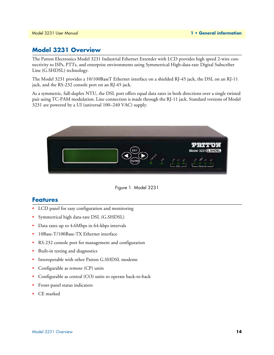 Model 3231 overview, Features, Model 3231 | Patton electronic 3231 User Manual | Page 14 / 58