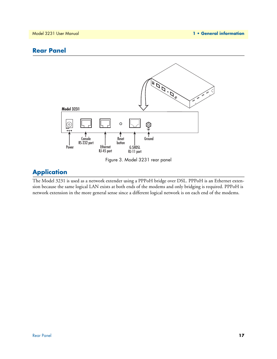 Rear panel, Application, Model 3231 rear panel | Patton electronic 3231 User Manual | Page 17 / 58