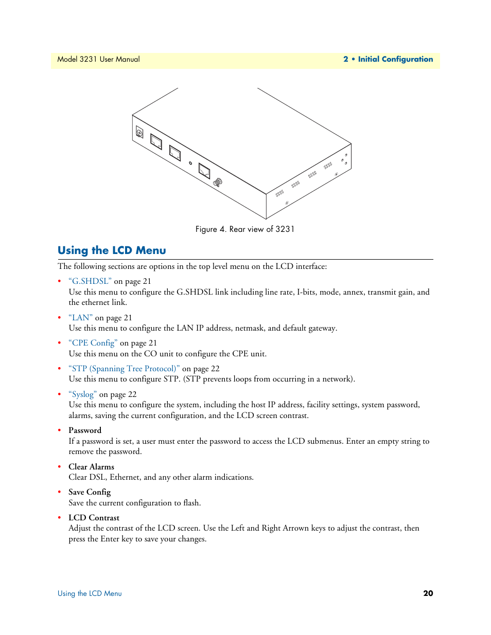 Using the lcd menu, Rear view of 3231, Using the | Lcd menu, Figure 4 | Patton electronic 3231 User Manual | Page 20 / 58