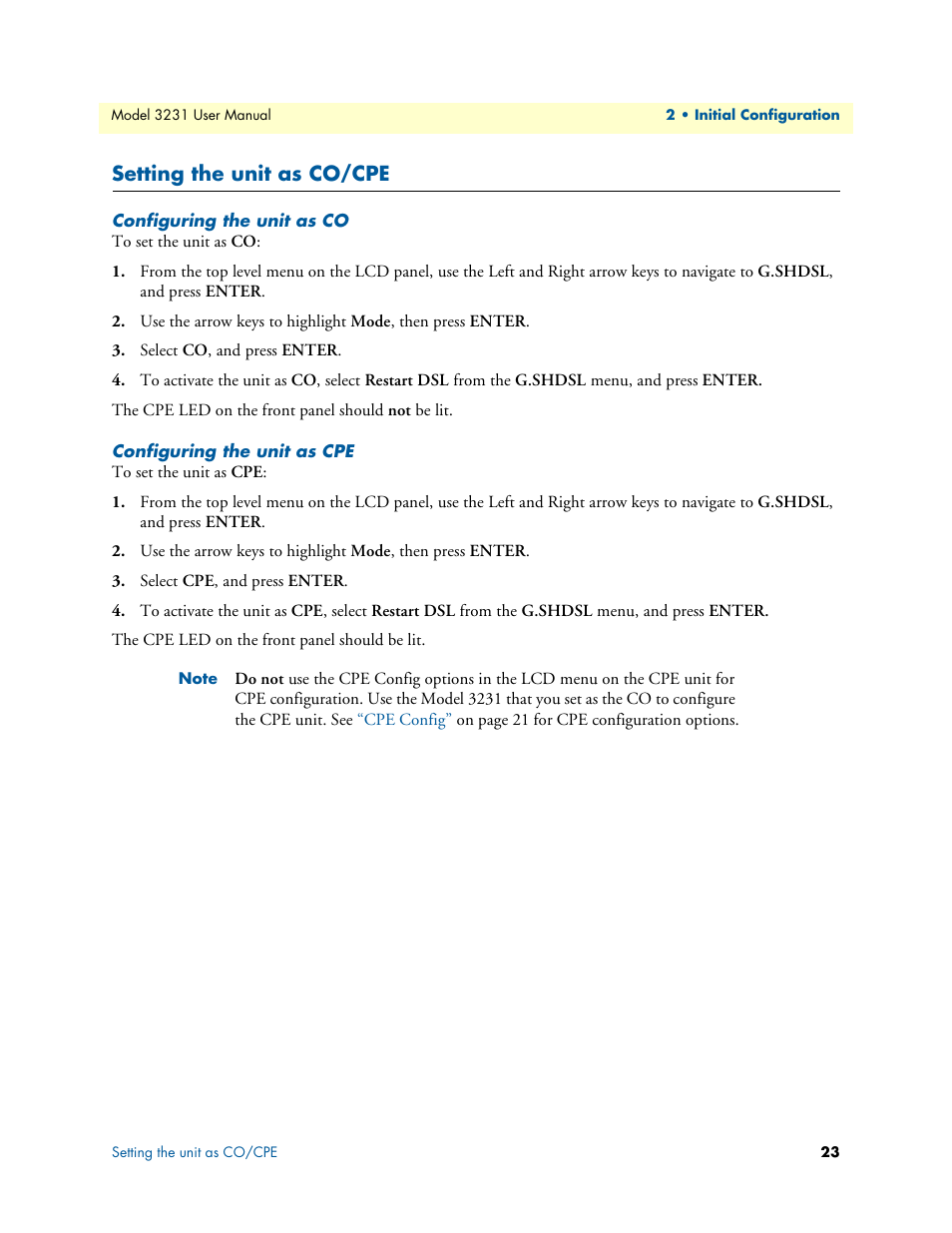Setting the unit as co/cpe, Configuring the unit as co, Configuring the unit as cpe | Patton electronic 3231 User Manual | Page 23 / 58