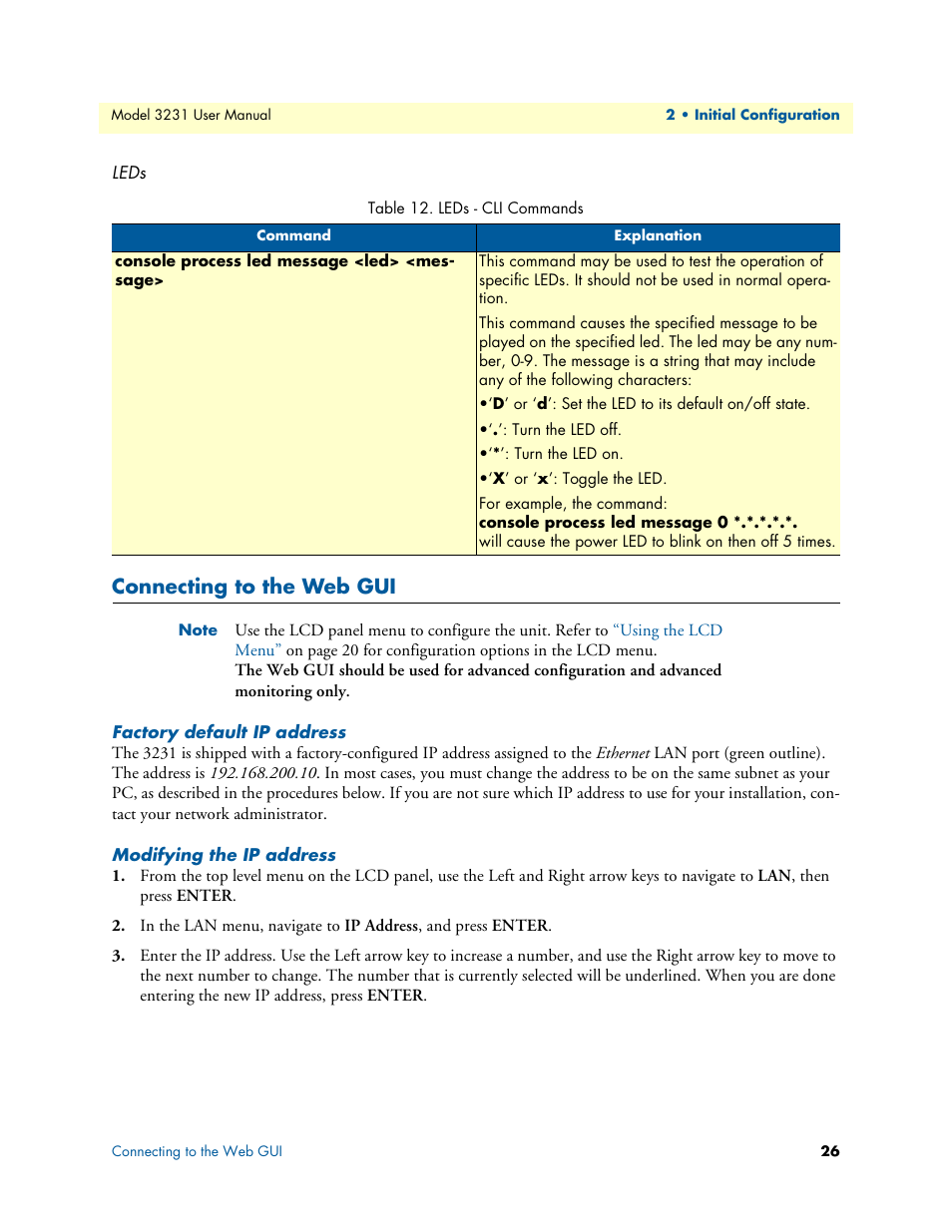 Leds, Connecting to the web gui, Factory default ip address | Modifying the ip address, Leds - cli commands | Patton electronic 3231 User Manual | Page 26 / 58