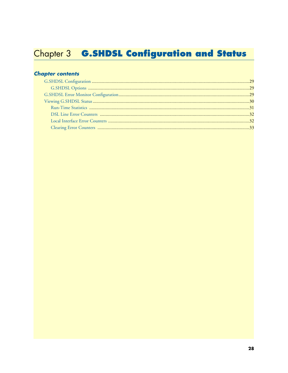 Chapter 3 g.shdsl configuration and status, G.shdsl configuration and status, Chapter 3 | Patton electronic 3231 User Manual | Page 28 / 58