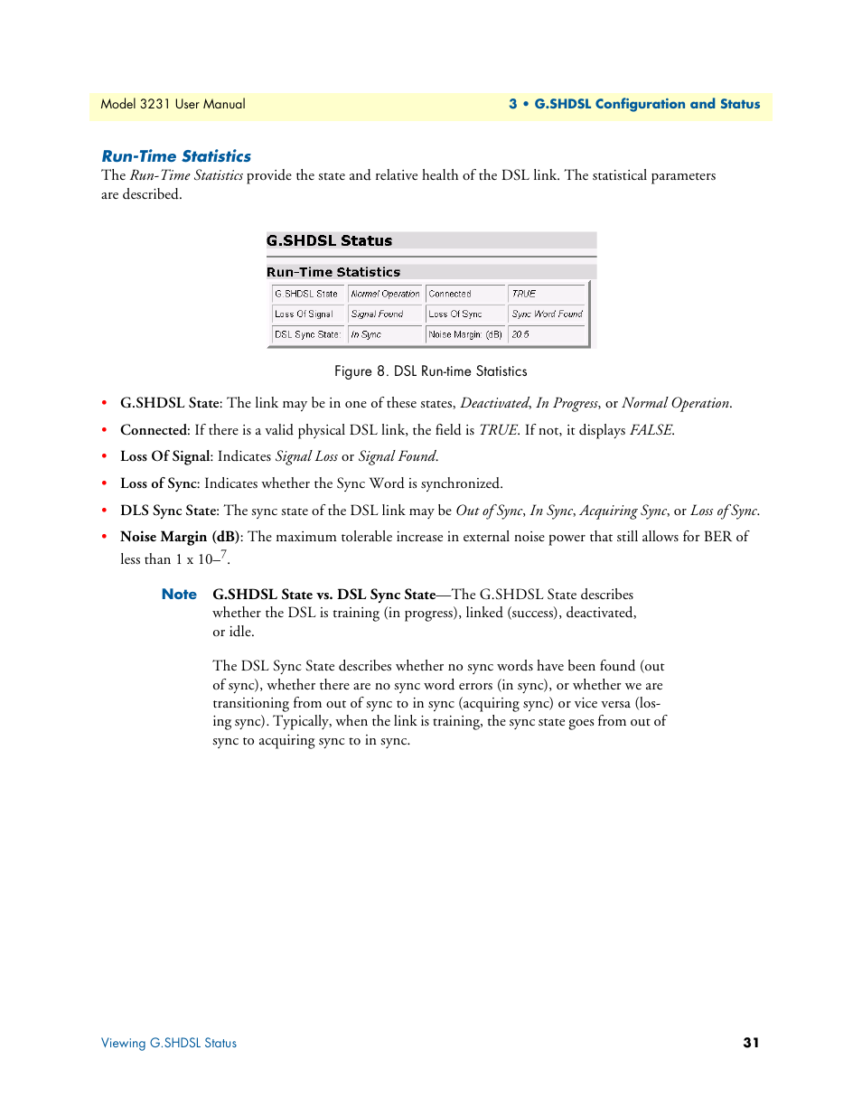 Run-time statistics, Dsl run-time statistics | Patton electronic 3231 User Manual | Page 31 / 58