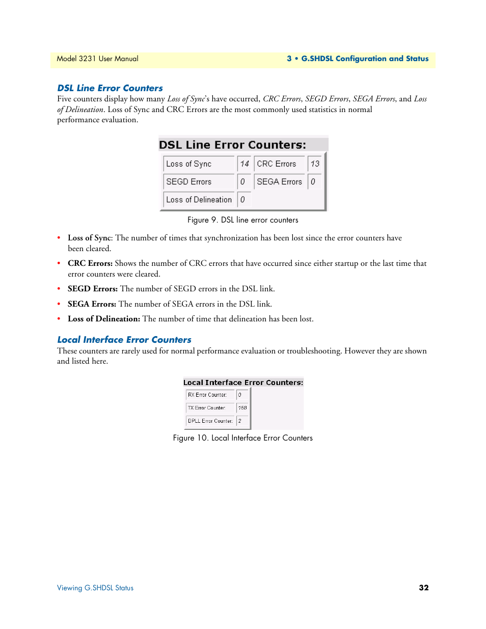 Dsl line error counters, Local interface error counters | Patton electronic 3231 User Manual | Page 32 / 58