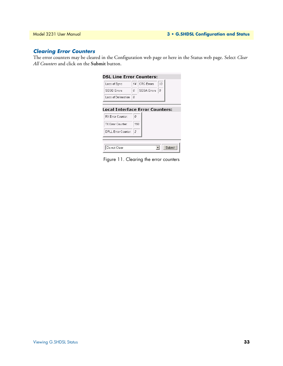 Clearing error counters, Clearing the error counters | Patton electronic 3231 User Manual | Page 33 / 58