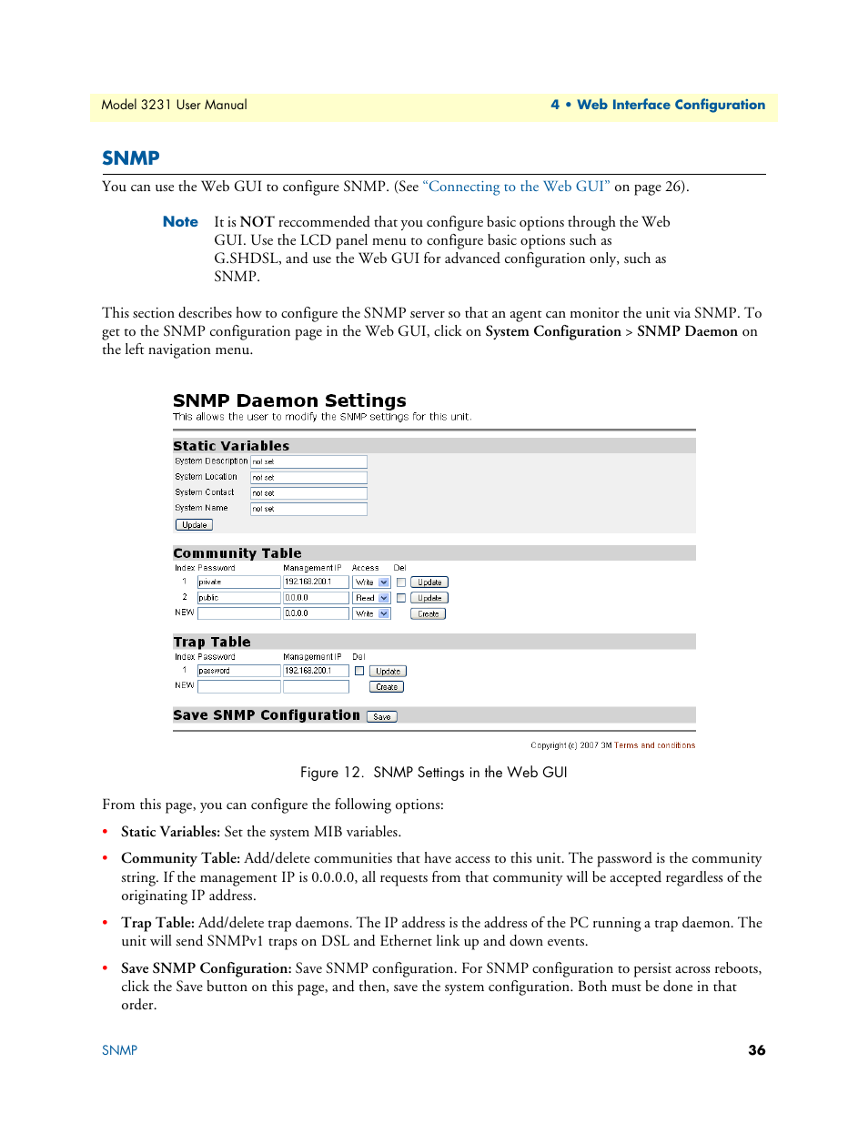 Snmp, Snmp settings in the web gui | Patton electronic 3231 User Manual | Page 36 / 58