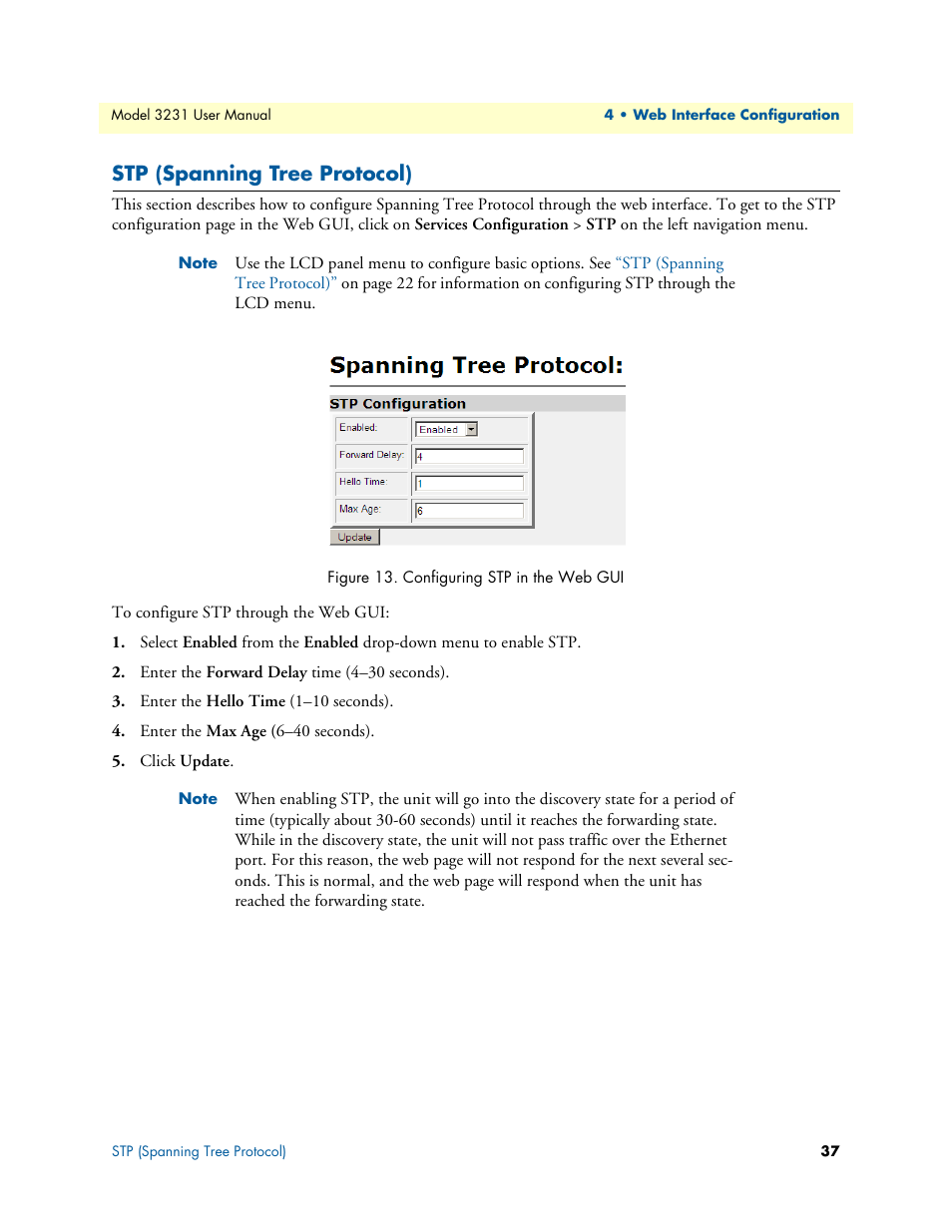 Stp (spanning tree protocol), Configuring stp in the web gui | Patton electronic 3231 User Manual | Page 37 / 58